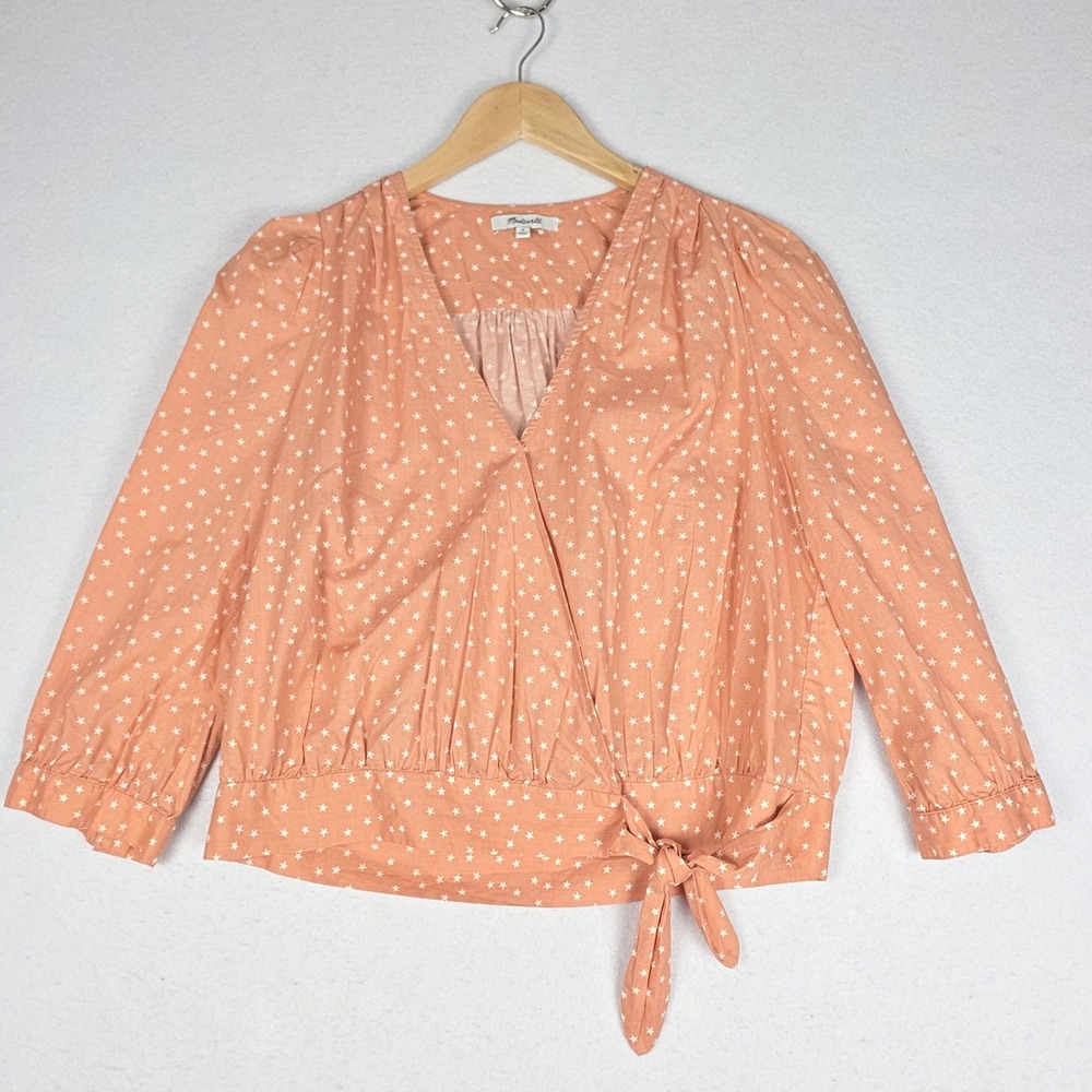 Madewell Womens Wrap Blouse Medium Stars Peach  3/4 Sleeve Tied‎ Waist Cottage